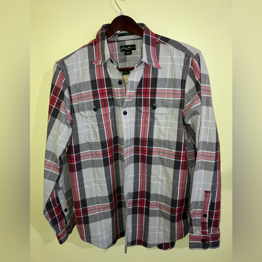 Eddie Bauer NEW flannel button front cotton flannel shirt sz L large red gray